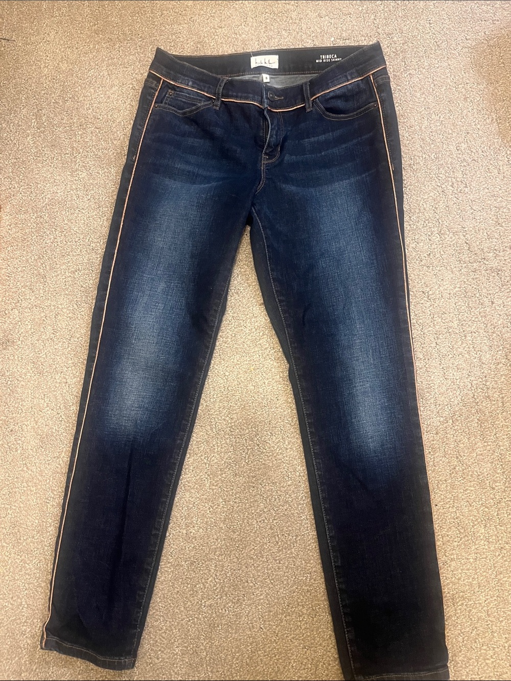 Nicole Miller Tribeca Mid Rise Blue Dark Wash Skinny Jeans with Gold Side Trim